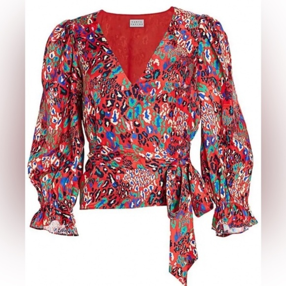Tanya Taylor Red Multicolor Wrap Top with Puff Sleeves